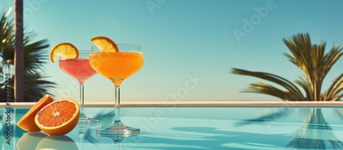 Two glasses orange juice  half orange on table