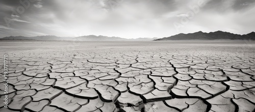 Desert landscape with cracked ground and distant mountains photo