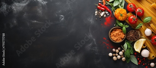 Variety of ingredients on black table: pasta, tomatoes, garlic, pepper