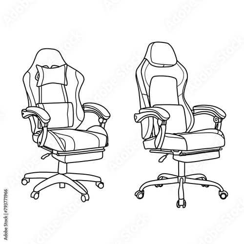Vector illustration of gaming chair hand-drawn sketch. Ergonomic chair outline line art. Isolated on a white background