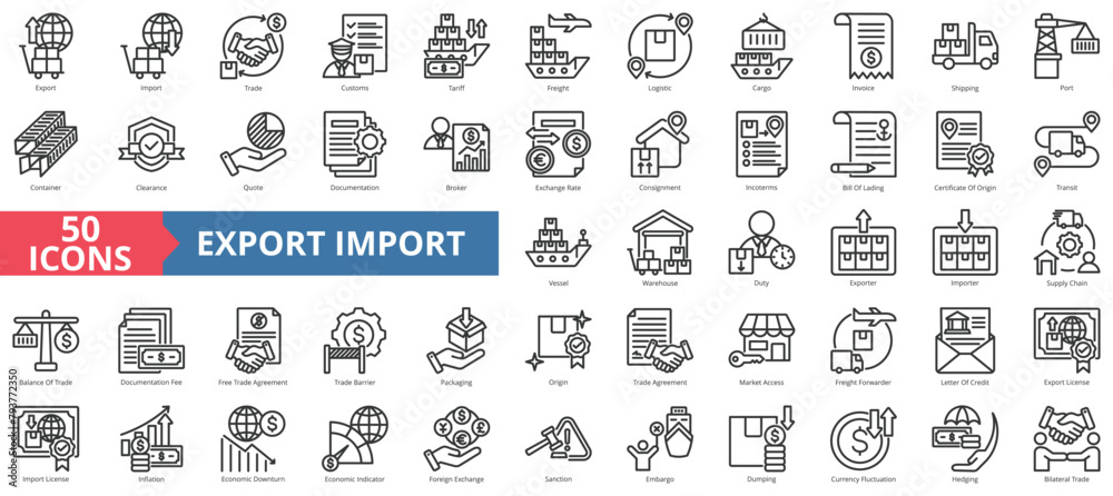 Export import icon collection set. Containing supply chain, trade, customs, tariff, freight, logistic, cargo icon. Simple line vector.