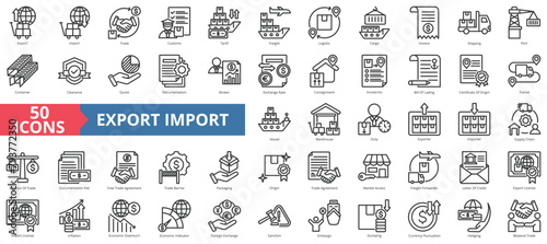 Export import icon collection set. Containing supply chain, trade, customs, tariff, freight, logistic, cargo icon. Simple line vector. photo