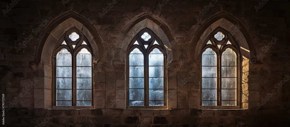 Three glass panes in a stone structure with light filtering through