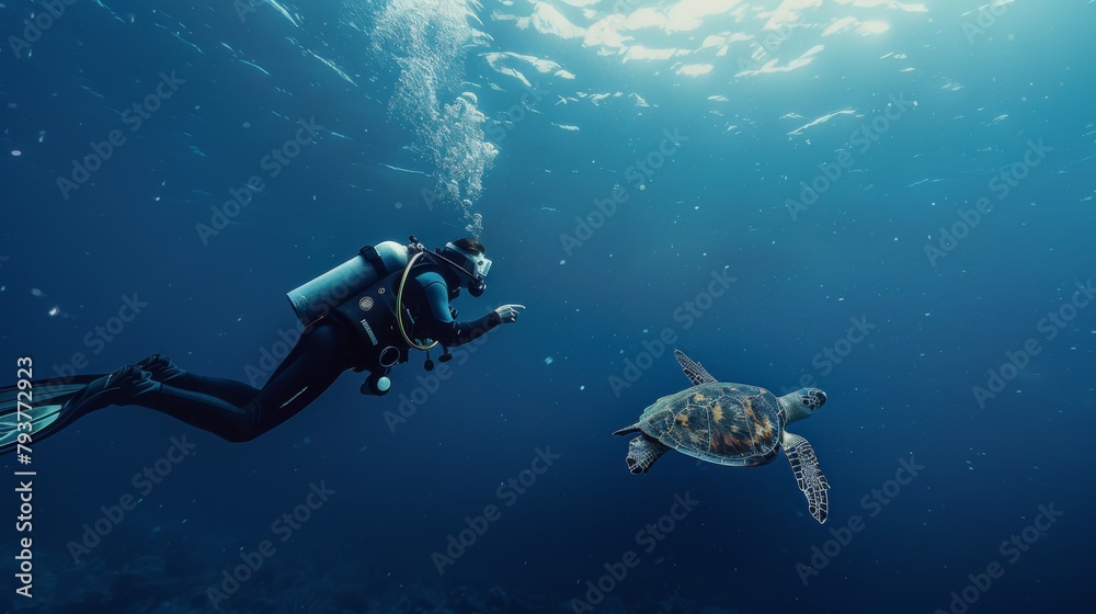 A scuba diver admiring a sea turtle as it gracefully swims by in the deep blue sea A scuba diver admiring a sea turtle as it gracefully swims by in the deep blue sea