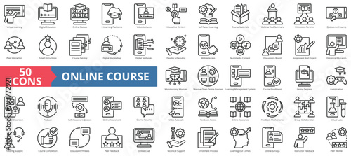 Online course icon collection set. Containing digital education, virtual learning, platform, video lecture, interactive content, self paced, course materials icon. Simple line vector.