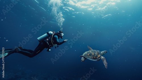 A scuba diver admiring a sea turtle as it gracefully swims by in the deep blue sea