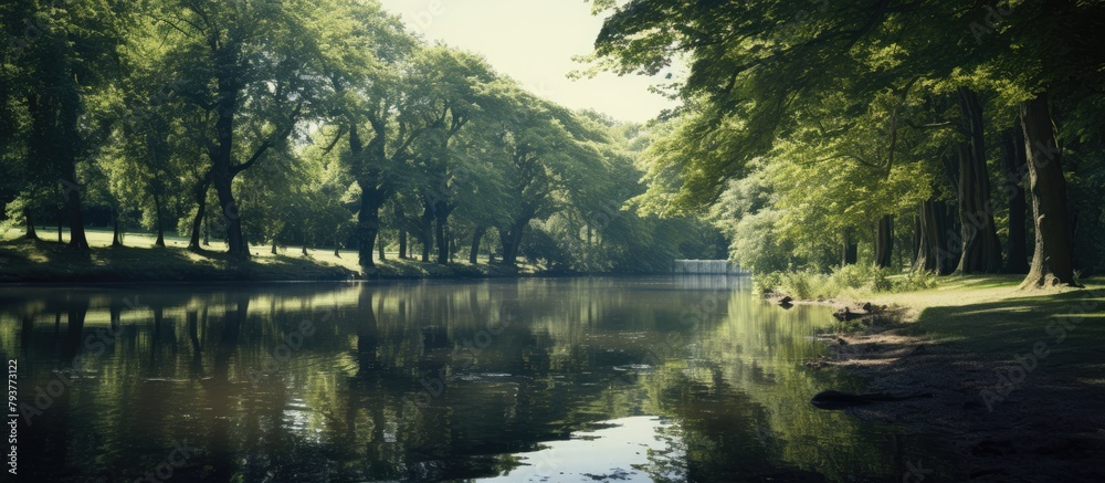 Trees grow by river in park Trees grow by river in park