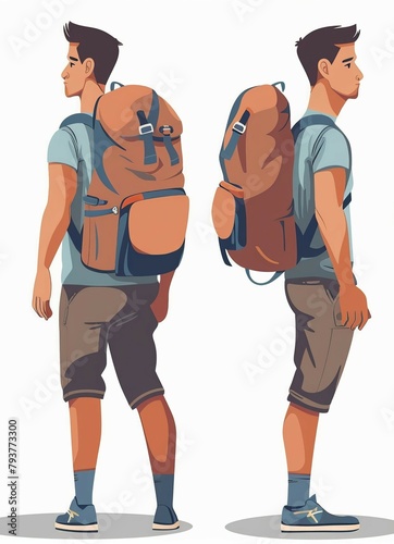 A cartoon style drawing illustration shows a man laden with a hefty backpack, depicted from both side and rear views, highlighting the burden and journey.