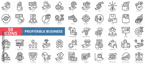 Profitable business icon collection set. Containing profit, revenue, income, sales, margin, cash flow, capital, asset icon. Simple line vector.