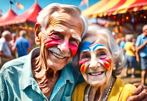 a happy smiling 75 year old married senior white caucasian couple with their faces painted in bright colors at a county fair carnival, state fair