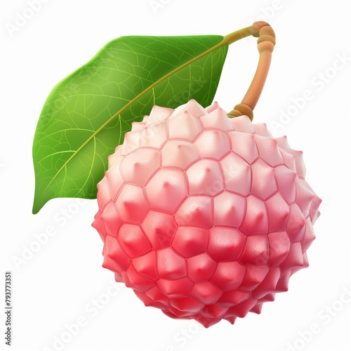 Pink lychee with green leaf, 3d, juicy fruit on a white background.