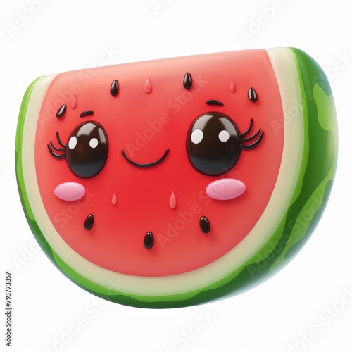 Watermelon slice with eyes, 3d, cute comic, cartoon fruit, on a white background.