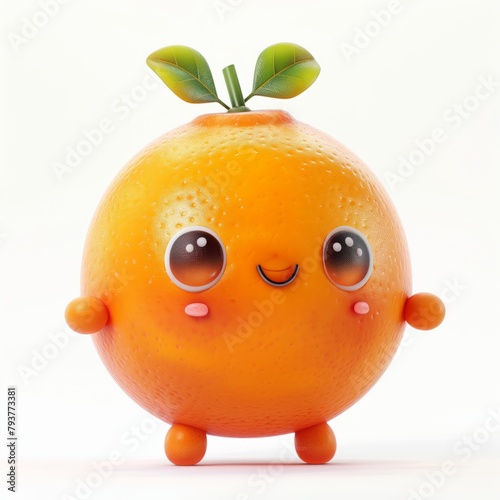 Orange with green leaves and eyes, 3d, cute comic, cartoon fruit, on a white background.