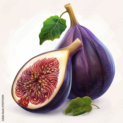 Two purple figs, one half, with a green leaf, 3d, juicy fruit on a white background.Purple two