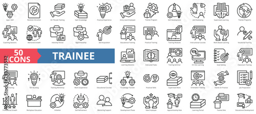 Trainee icon collection set. Containing learn skill, instruction, on the job training, gain knowledge, practical experience, entry level employee, trainee program, development icon. Simple line vector