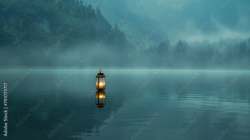 A solitary floating lantern drifting peacefully on a tranquil lake, embodying serenity and calmness. - obrazy, fototapety, plakaty 