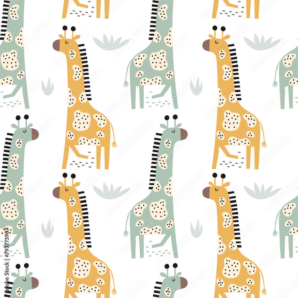 Obraz premium Seamless childish jungle pattern with cute giraffe. Perfect for fabric, textile, nursery posters. Vector