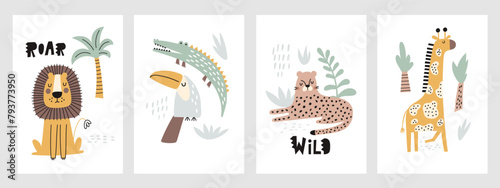 Childish jungle poster with cute lion, crocodile, giraffe, leopard, toucan. Perfect for fabric, textile, nursery posters. Vector