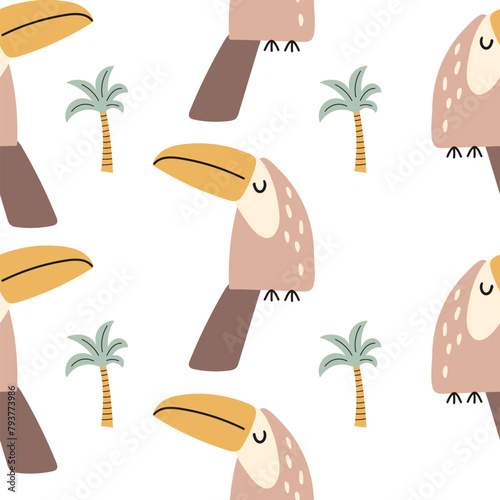 Seamless childish jungle pattern with cute toucan. Perfect for fabric, textile, nursery posters. Vector