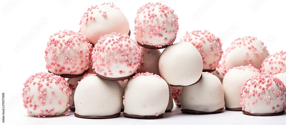 Fototapeta premium Many pink and white cake balls on a white surface