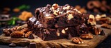 Brownies stacked on wooden board