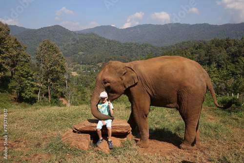 Canvas Print Tourist child, cute kid, little boy and elephant in Chiang Mai, Thailand