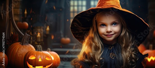 Young girl in witch costume with pumpkins