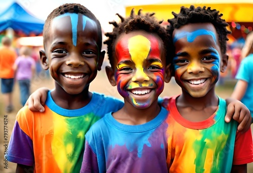 a happy smiling young black african american boys friends with their faces painted in bright colors at a county fair, carnival, state fair photo