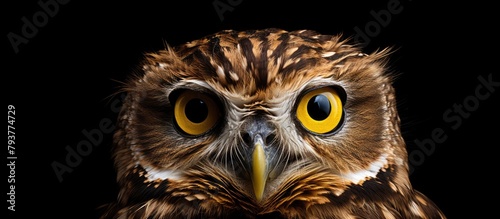 Brown owl with yellow eyes on black background