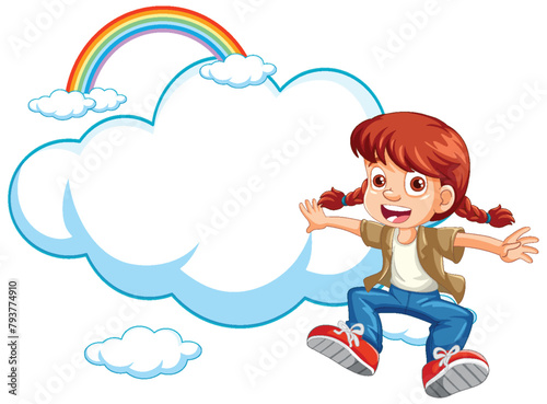 Happy cartoon girl sitting on fluffy clouds, rainbow background