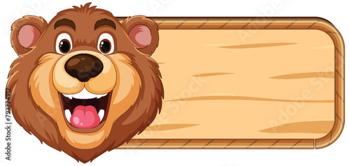 Happy cartoon bear presenting an empty wooden sign.