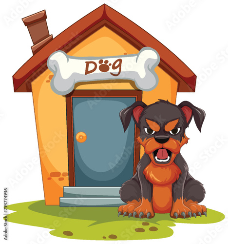 Cartoon dog sitting by its kennel