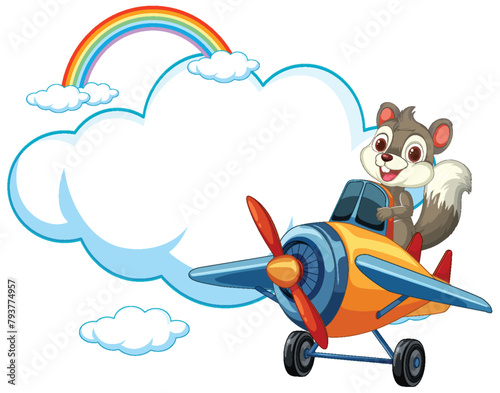 Cartoon squirrel flying a plane with rainbow