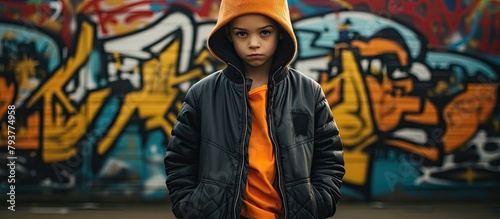 Boy in black and orange hoodie at graffiti wall