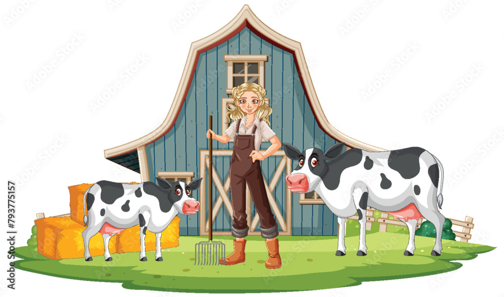 Illustration of a farmer with cows near a barn. Illustration of a farmer with cows near a barn.