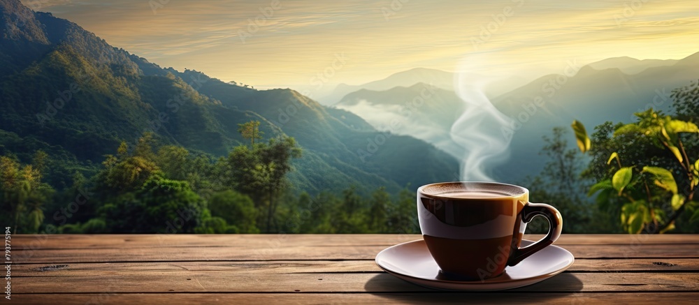 A coffee cup on saucer wooden table A coffee cup on saucer wooden table