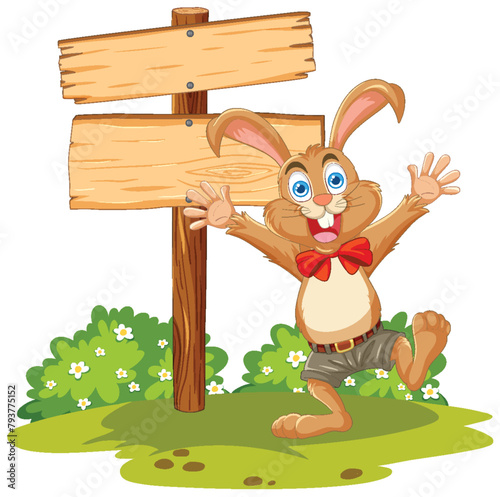Happy cartoon rabbit standing by a signpost.