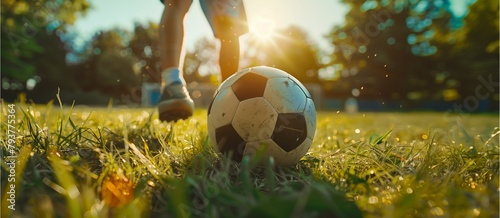 closed up soccer ball or football  on the field and grass photo
