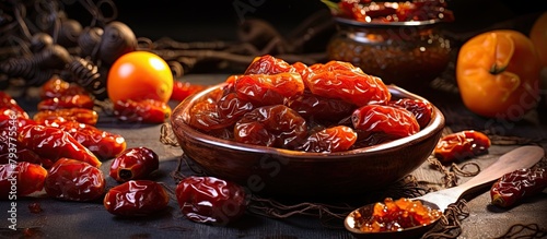 Dates and oranges in bowl with spoon