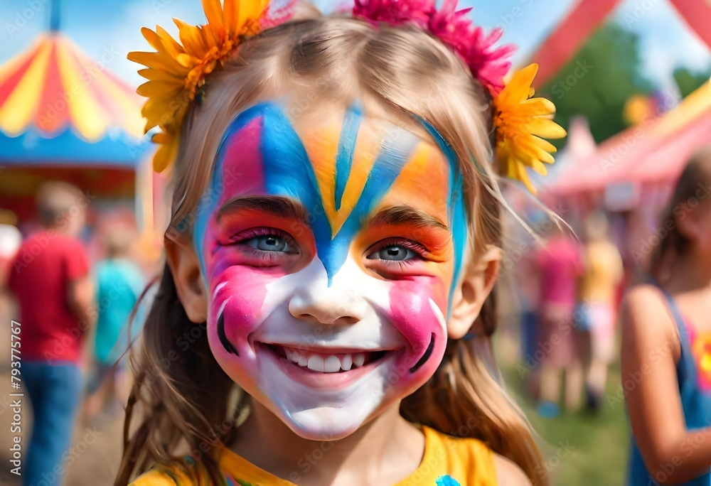 a happy smiling young white caucasian girl with her face painted in bright colors at a county fair, carnival, state fair