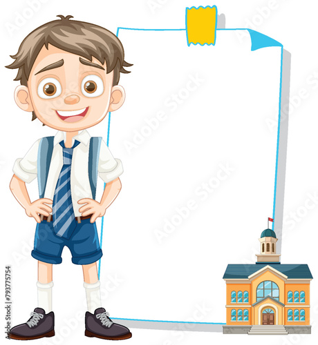 Cheerful boy standing next to an empty frame