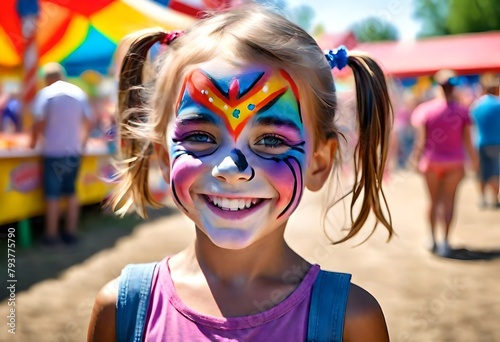 a happy smiling young white caucasian girl with her face painted in bright colors at a county fair, carnival, state fair
