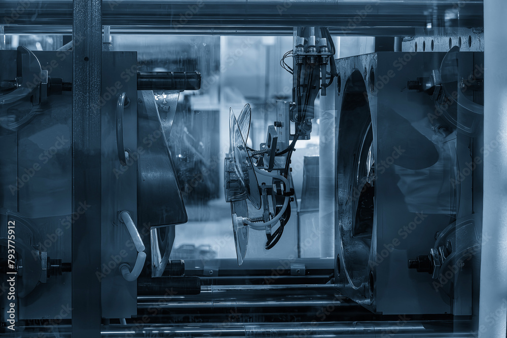 The plastic electric fan parts from injection machine gripped by vacuum robotic system. The plastic electric fan parts from injection machine gripped by vacuum robotic system.
