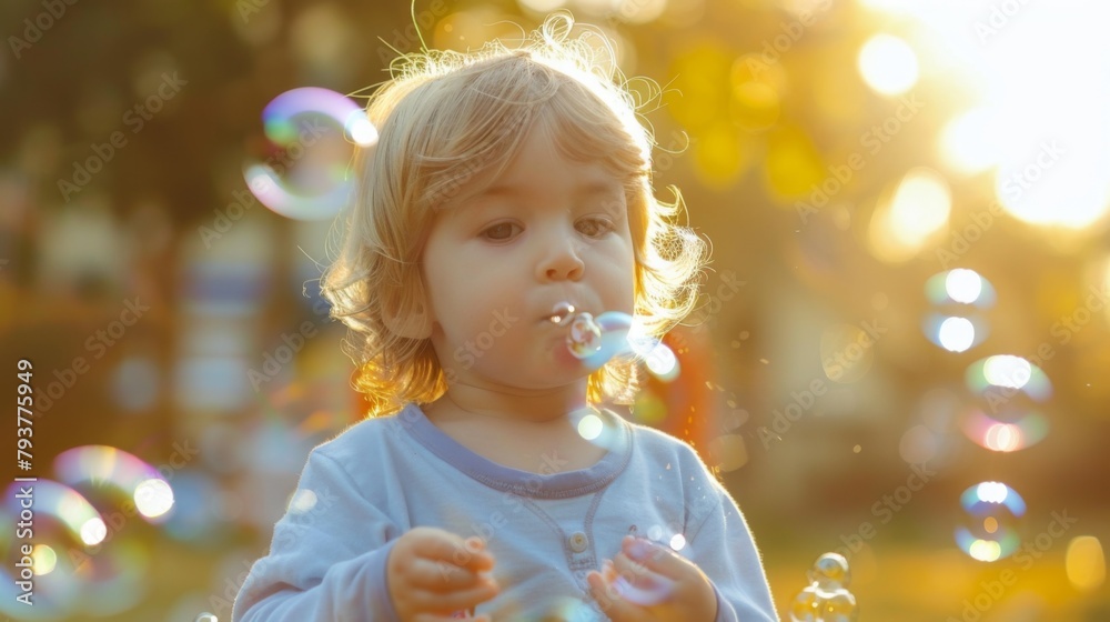 Adorable toddler blowing bubbles and making a mess during a fun outdoor activity Adorable toddler blowing bubbles and making a mess during a fun outdoor activity