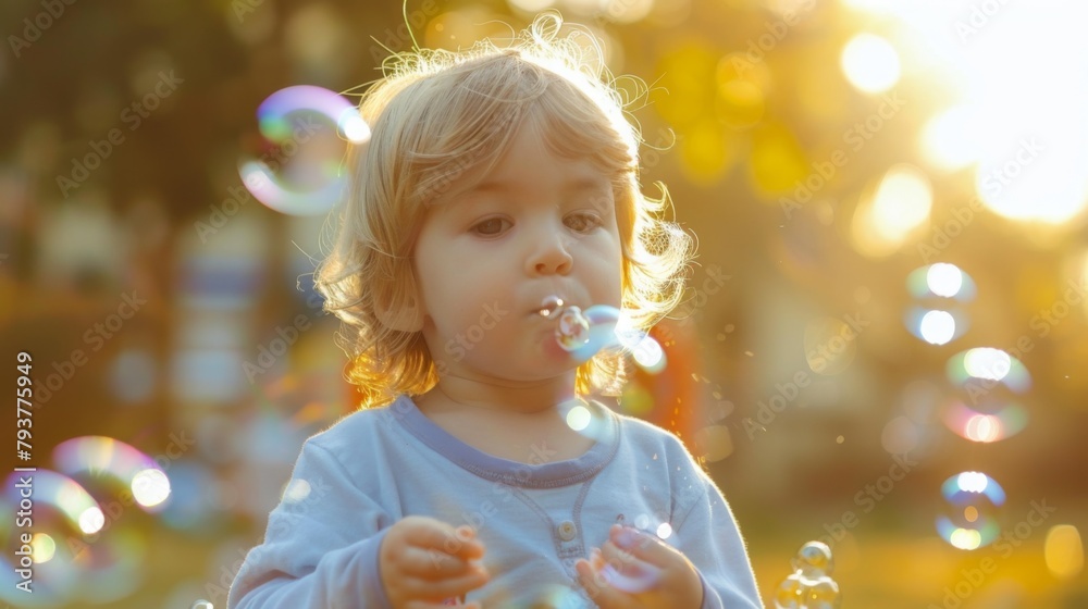 Adorable toddler blowing bubbles and making a mess during a fun outdoor activity