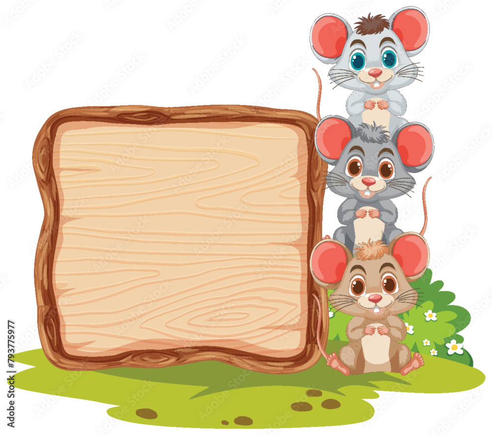Fototapeta premium Three cartoon mice beside an empty sign