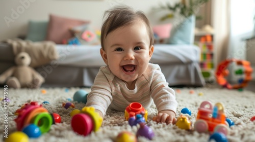Adorable baby giggling while playing with colorful toys in a cozy nursery setting