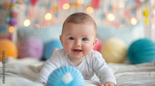 Adorable baby giggling while playing with colorful toys in a cozy nursery setting