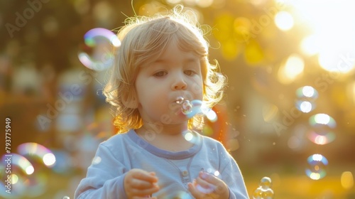 Adorable toddler blowing bubbles and making a mess during a fun outdoor activity