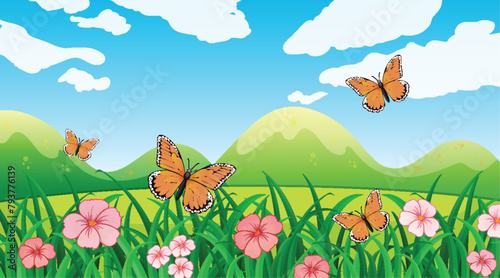 Colorful butterflies over flowers in a green field